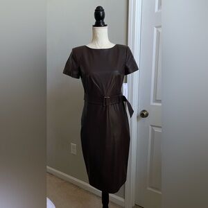 NWT Calvin Klein Belted Faux Leather Sheath Dress - Espresso Brown